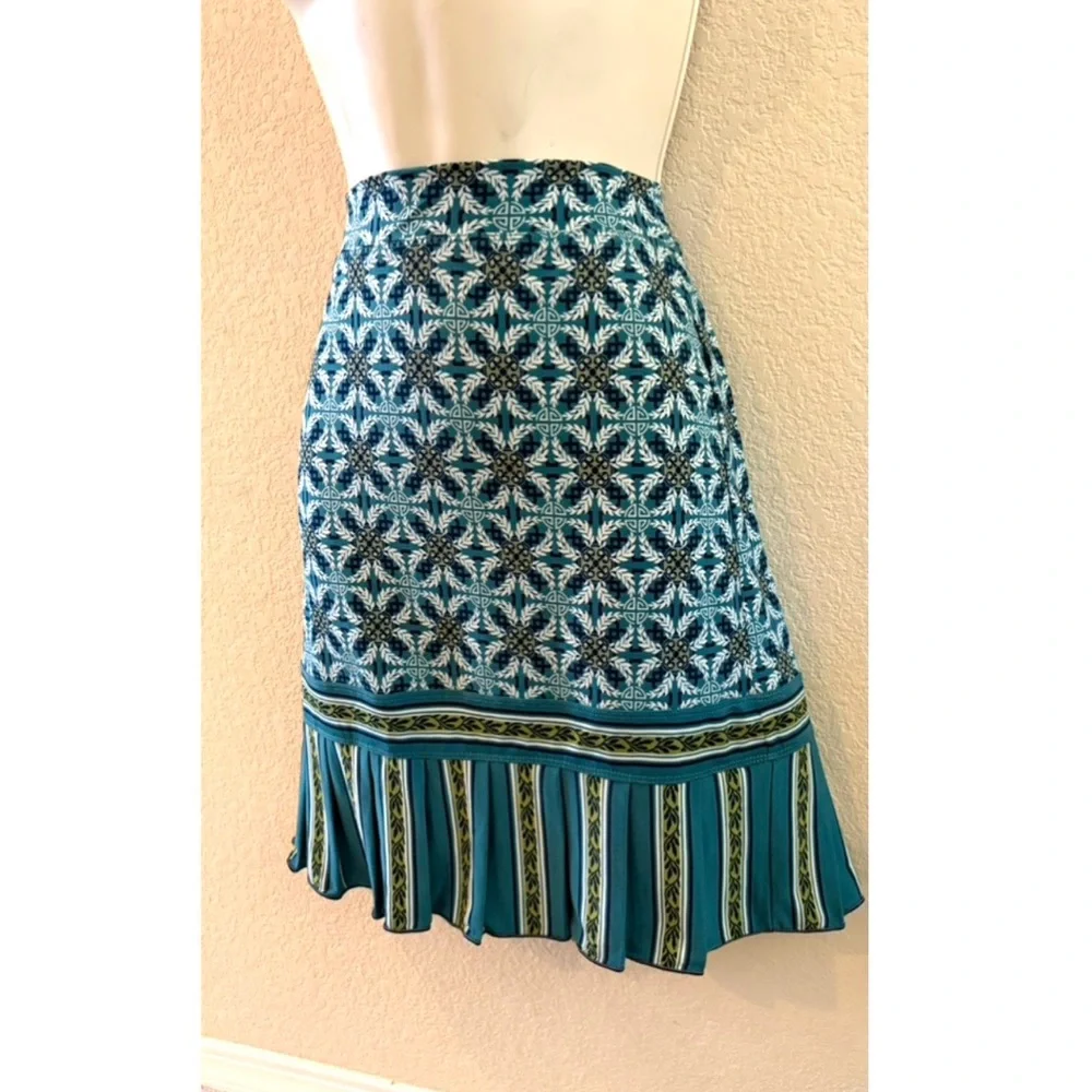 Max Studio Teal Patterned A-Line Skirt with Striped Ruffle Hem - Picture 2 of 2